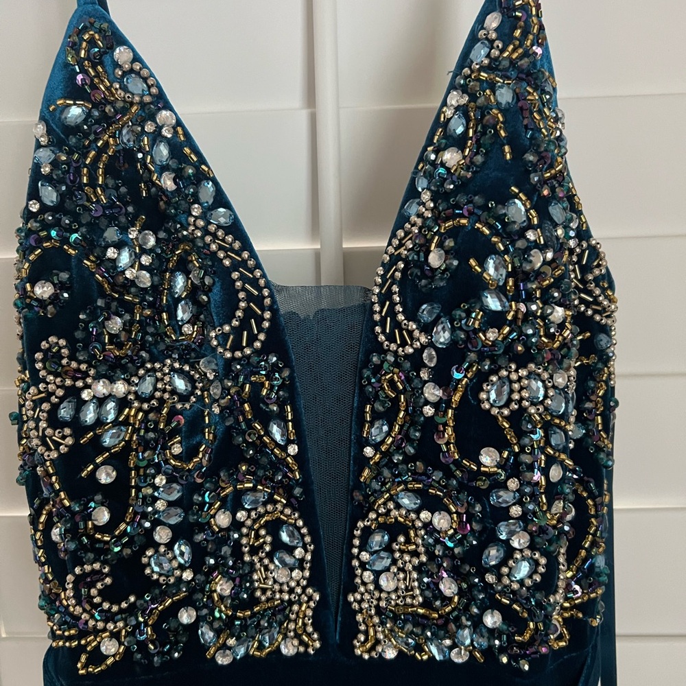 Betsy & Adam Navy Teal Backless Dress - Picture 2 of 6